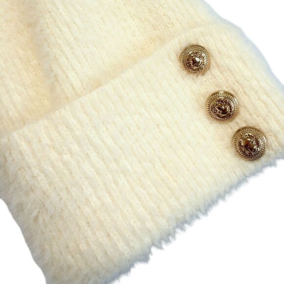 JoyinJoy Cream Fuzzy Knit Bodycon Mini Sweater Dress Mock Neck Gold Button S/M - Picture 5 of 11